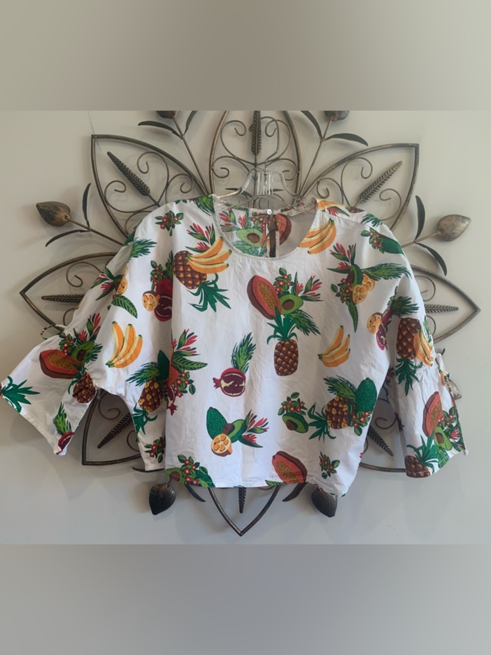 Zara Floral Fruit Print Top - White, Green, Orange, Red
